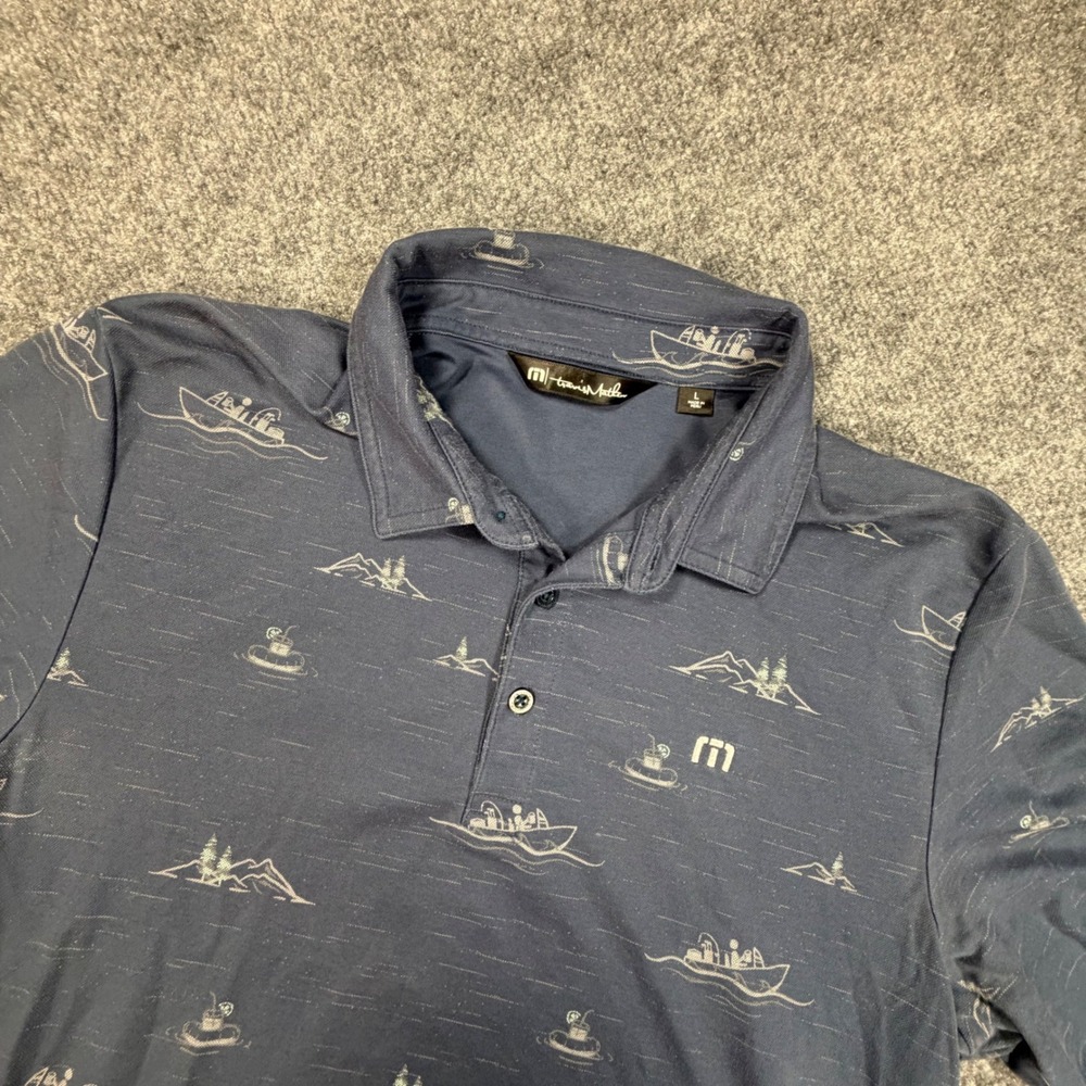 TravisMathew Fishing Boat Print Polo Mens Large Blue Short Sleeve Golf 1000